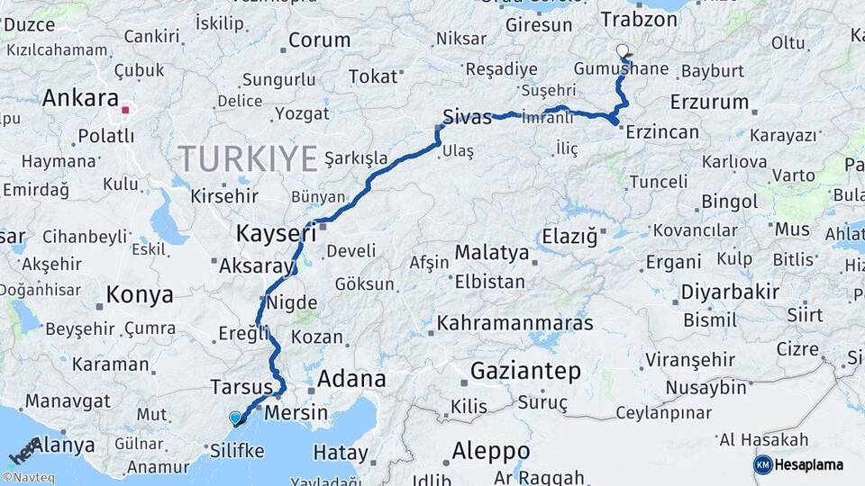 Mersin Erdemli Gümüşhane Arası Kaç Km - Yol Haritası