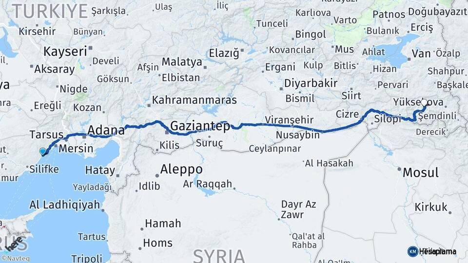 Mersin Erdemli Hakkari Arası Kaç Km - Yol Haritası