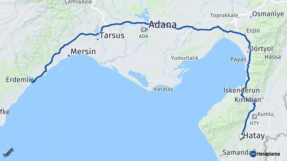 Mersin Erdemli Hatay Arası Kaç Km - Yol Haritası