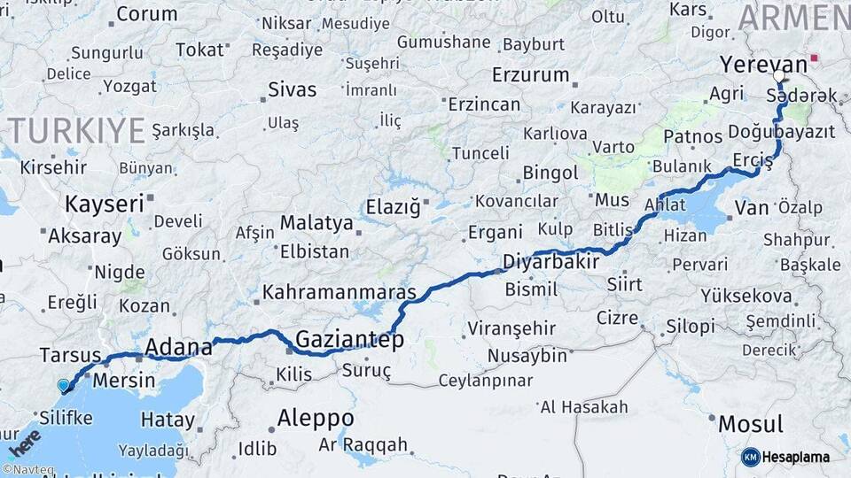 Mersin Erdemli Iğdır Arası Kaç Km - Yol Haritası