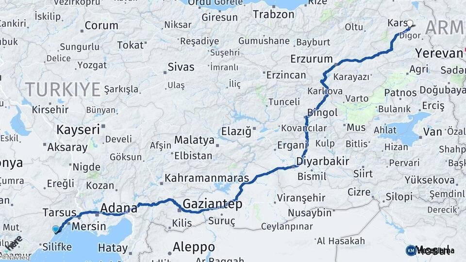 Mersin Erdemli Kars Arası Kaç Km - Yol Haritası