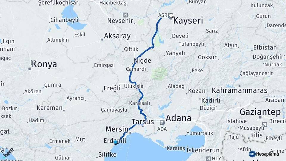 Mersin Erdemli Kayseri Arası Kaç Km - Yol Haritası