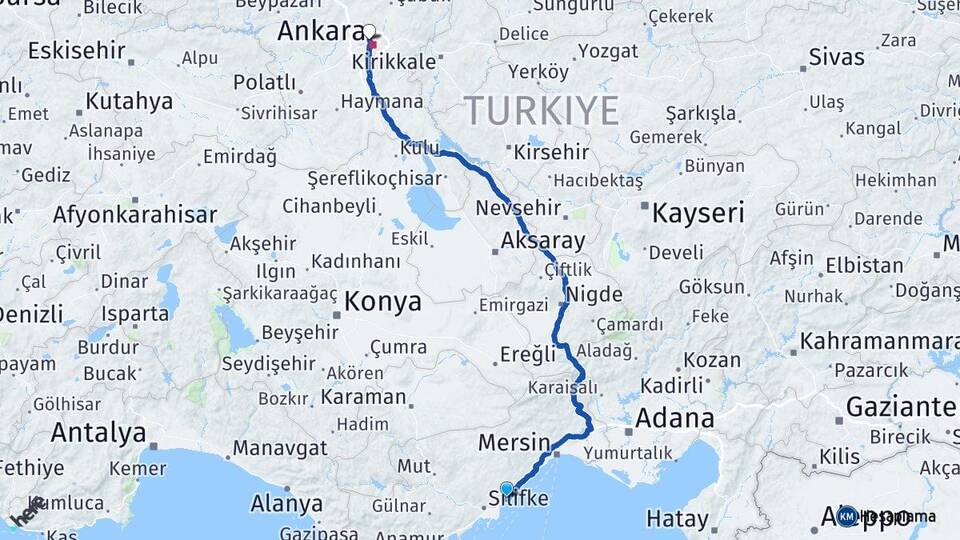 Mersin Erdemli Kızkalesi Yenimahalle Ankara Arası Kaç Km - Yol Haritası