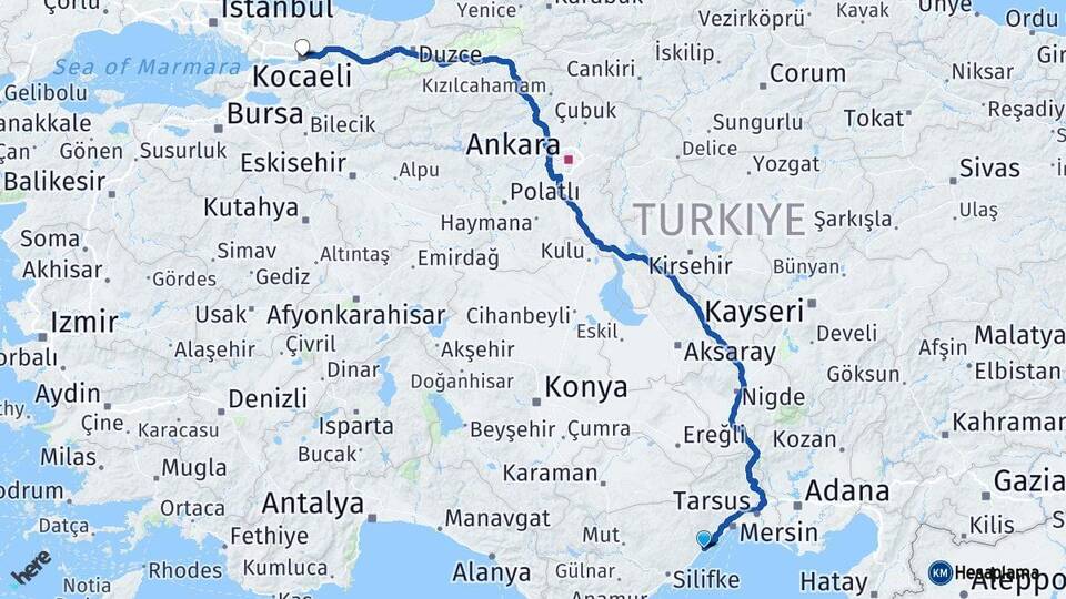 Mersin Erdemli Kocaeli Arası Kaç Km - Yol Haritası