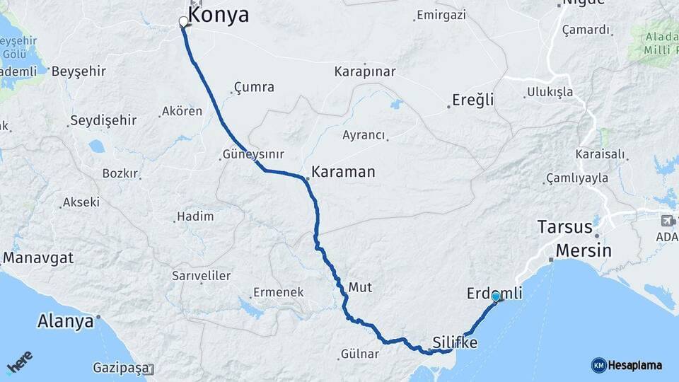Mersin Erdemli Konya Arası Kaç Km - Yol Haritası