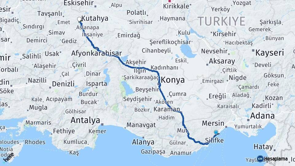 Mersin Erdemli Kütahya Arası Kaç Km - Yol Haritası