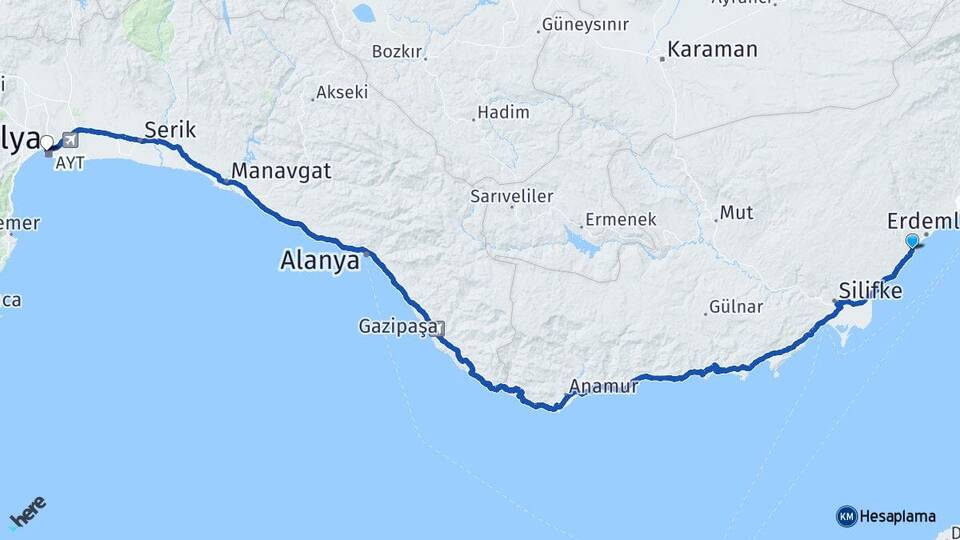 Mersin Erdemli Limonlu Antalya Arası Kaç Km - Yol Haritası