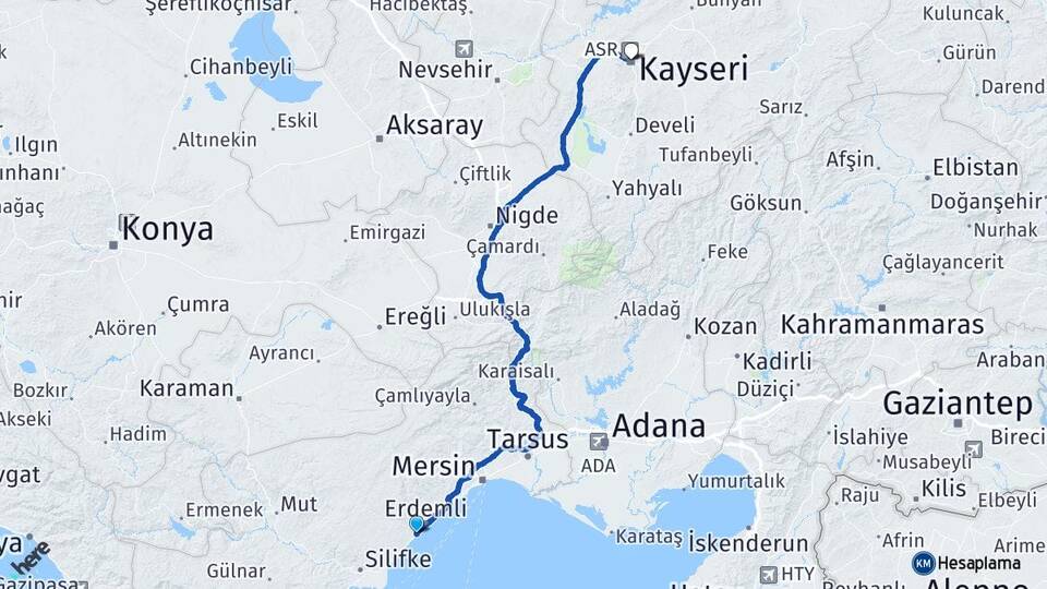 Mersin Erdemli Limonlu Kayseri Arası Kaç Km - Yol Haritası