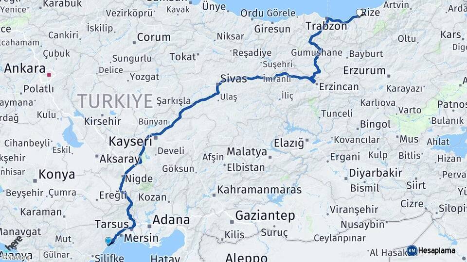 Mersin Erdemli Rize Arası Kaç Km - Yol Haritası