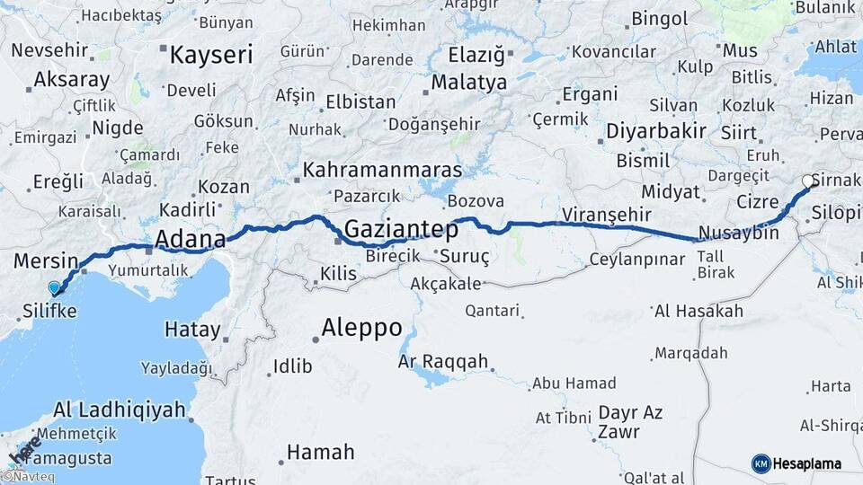 Mersin Erdemli Şırnak Arası Kaç Km - Yol Haritası