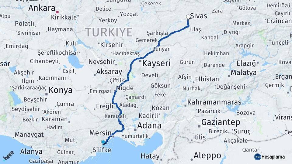 Mersin Erdemli Sivas Arası Kaç Km - Yol Haritası