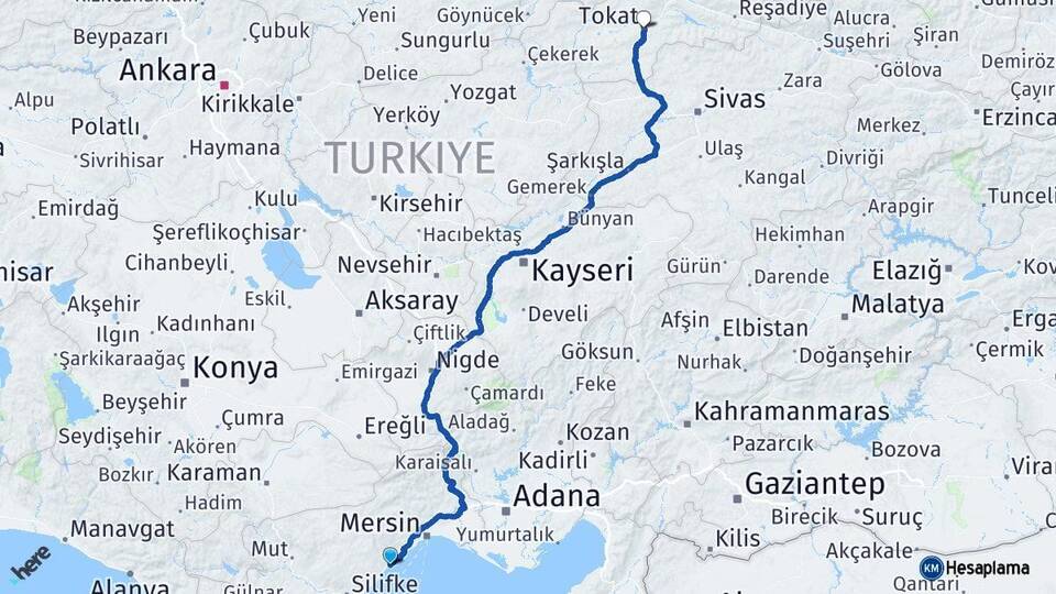 Mersin Erdemli Tokat Arası Kaç Km - Yol Haritası