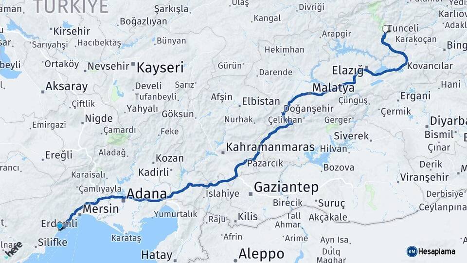 Mersin Erdemli Tunceli Arası Kaç Km - Yol Haritası