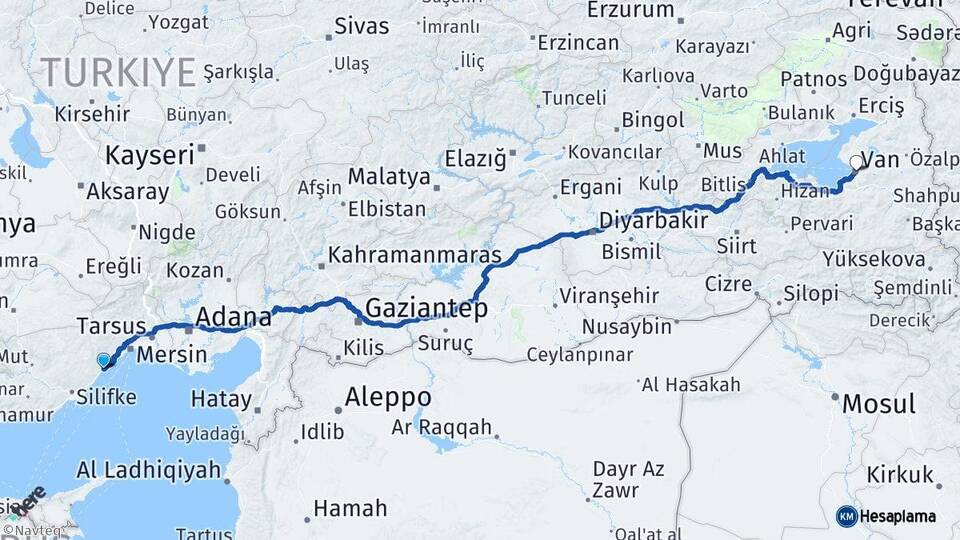 Mersin Erdemli Van Arası Kaç Km - Yol Haritası