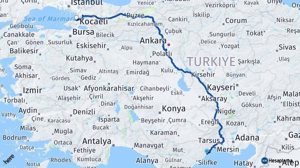 Mersin Erdemli Yalova Arası Kaç Km - Yol Haritası