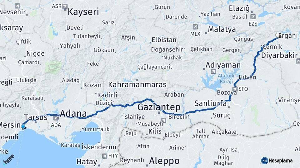 Mersin Ergani Diyarbakır Arası Kaç Km - Yol Haritası