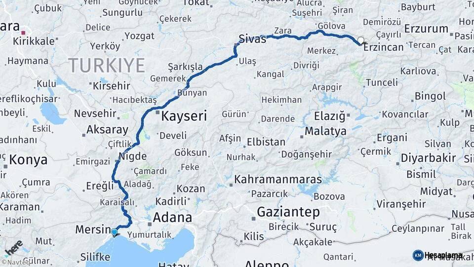 Mersin Erzincan Arası Kaç Km - Yol Haritası