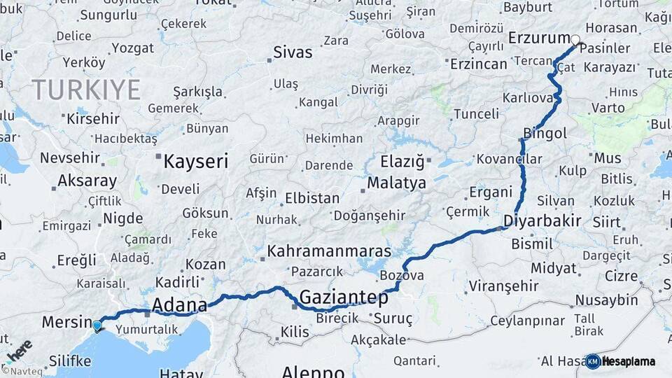 Mersin Erzurum Arası Kaç Km - Yol Haritası