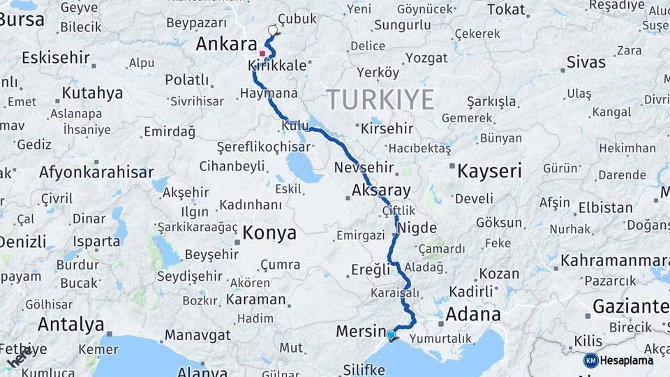 Mersin Esenboğa Havalimanı Arası Kaç Km - Yol Haritası