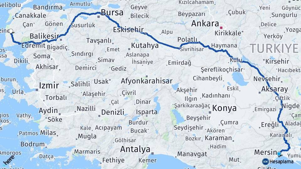 Mersin Ezine Çanakkale Arası Kaç Km - Yol Haritası