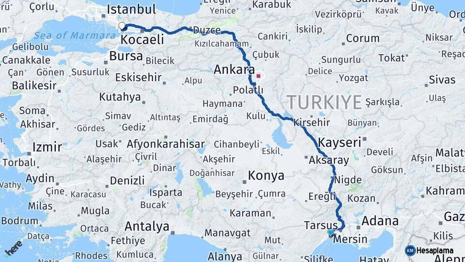 Mersin Gebze Kocaeli Arası Kaç Km - Yol Haritası