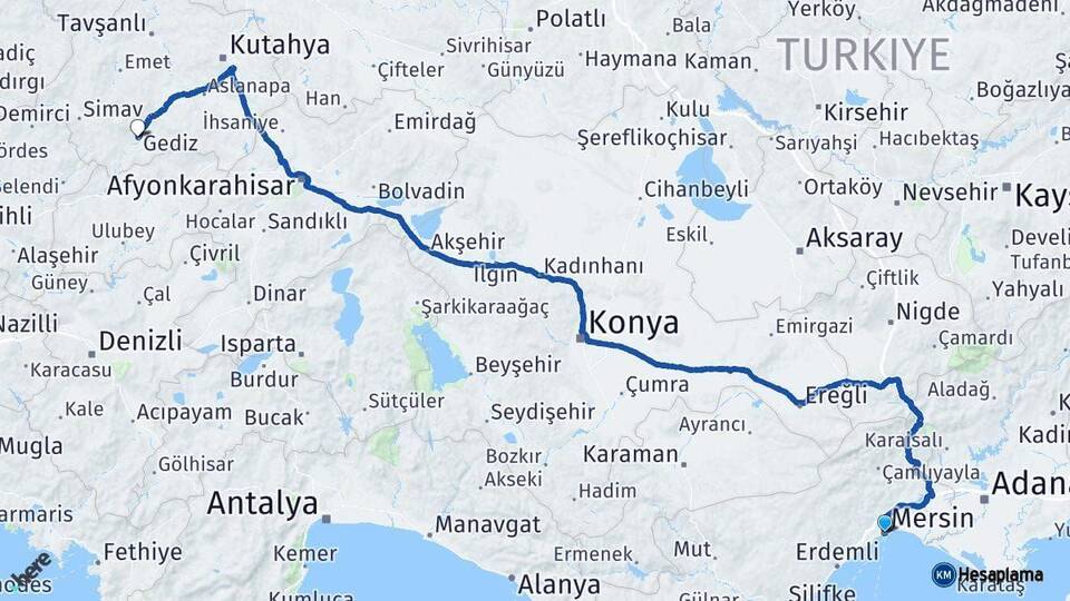 Mersin Gediz Kütahya Arası Kaç Km - Yol Haritası