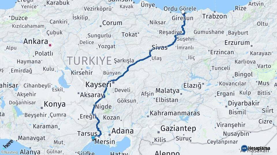 Mersin Giresun Arası Kaç Km - Yol Haritası