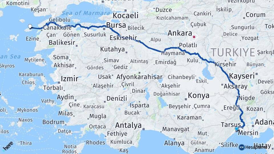 Mersin Gökçeada Çanakkale Arası Kaç Km - Yol Haritası