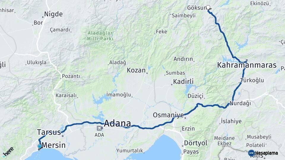 Mersin Göksun Kahramanmaraş Arası Kaç Km - Yol Haritası