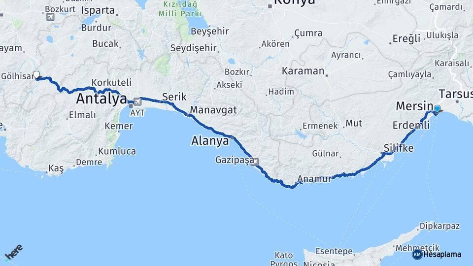 Mersin Gölhisar Burdur Arası Kaç Km - Yol Haritası