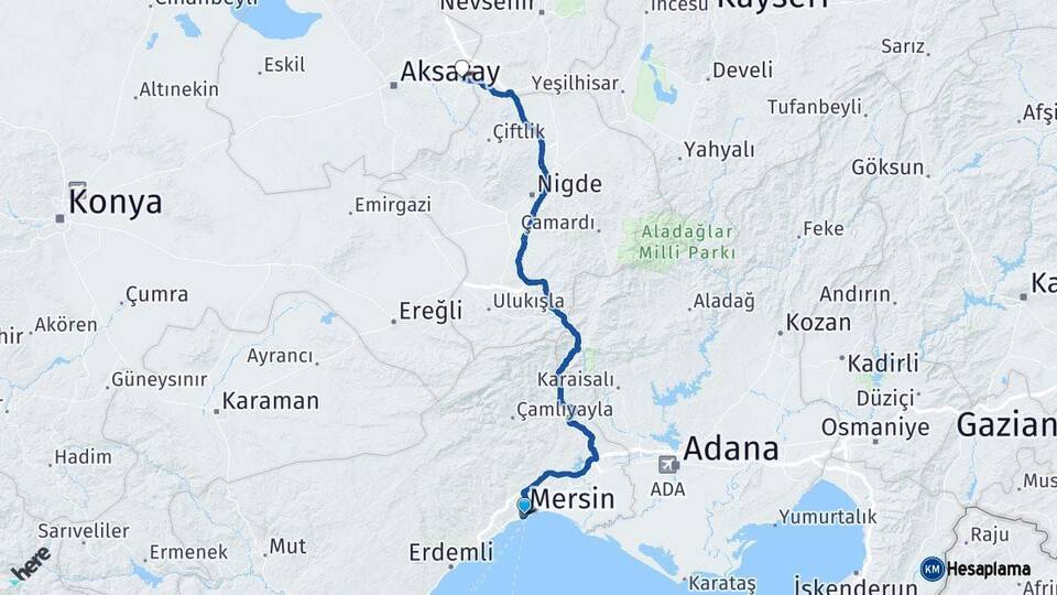 Mersin Gülağaç Aksaray Arası Kaç Km - Yol Haritası