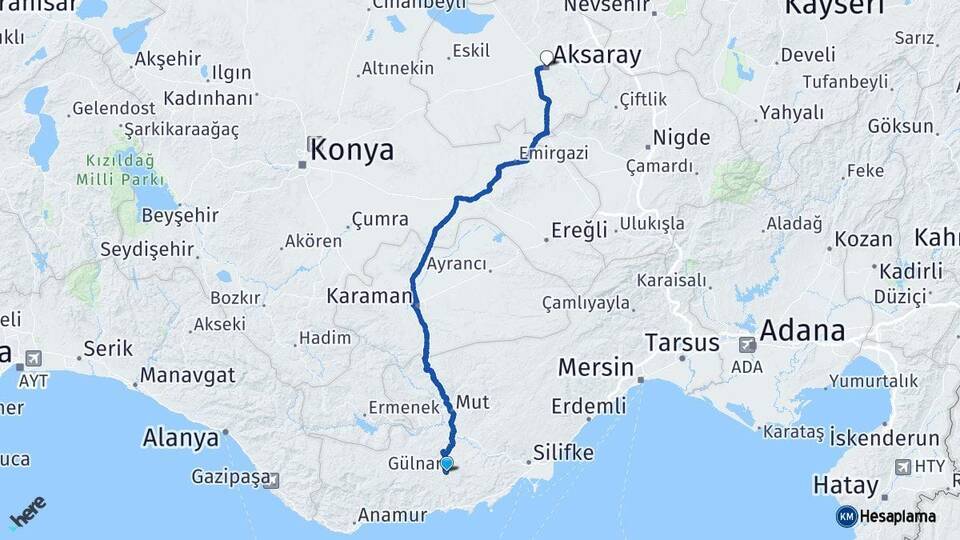 Mersin Gülnar Aksaray Arası Kaç Km - Yol Haritası