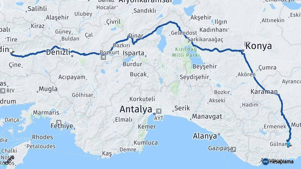 Mersin Gülnar Aydın Arası Kaç Km - Yol Haritası
