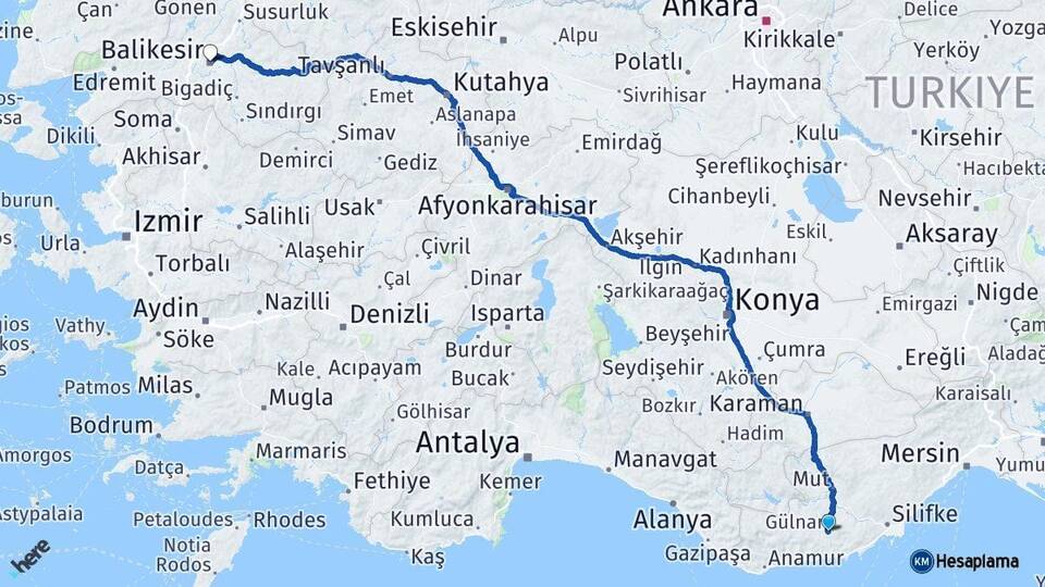Mersin Gülnar Balıkesir Arası Kaç Km - Yol Haritası