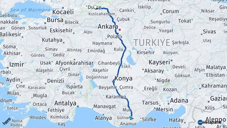 Mersin Gülnar Bolu Arası Kaç Km - Yol Haritası