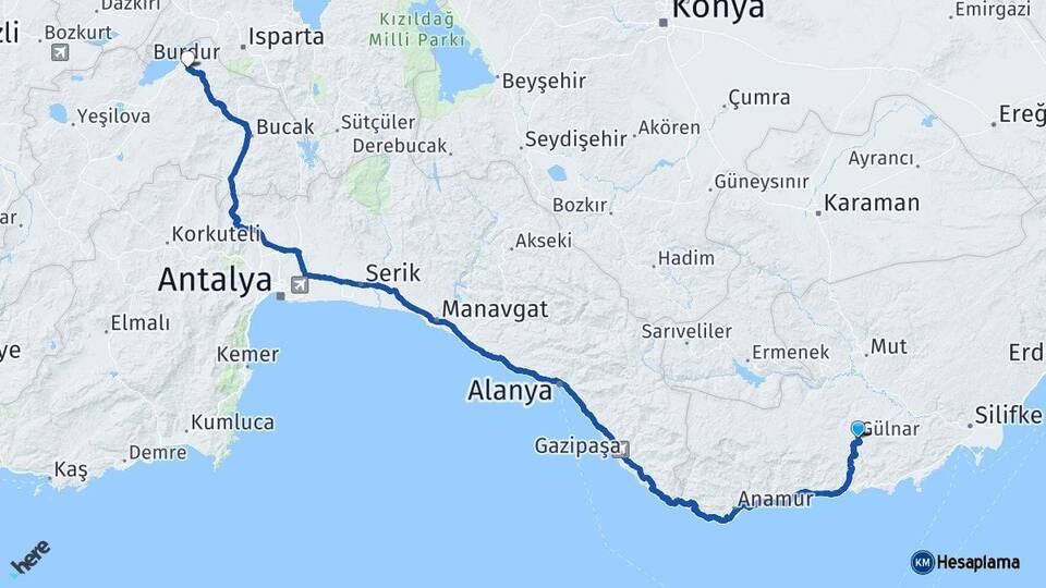 Mersin Gülnar Burdur Arası Kaç Km - Yol Haritası