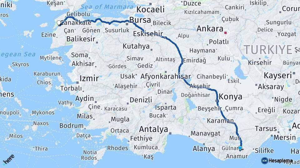Mersin Gülnar Çanakkale Arası Kaç Km - Yol Haritası