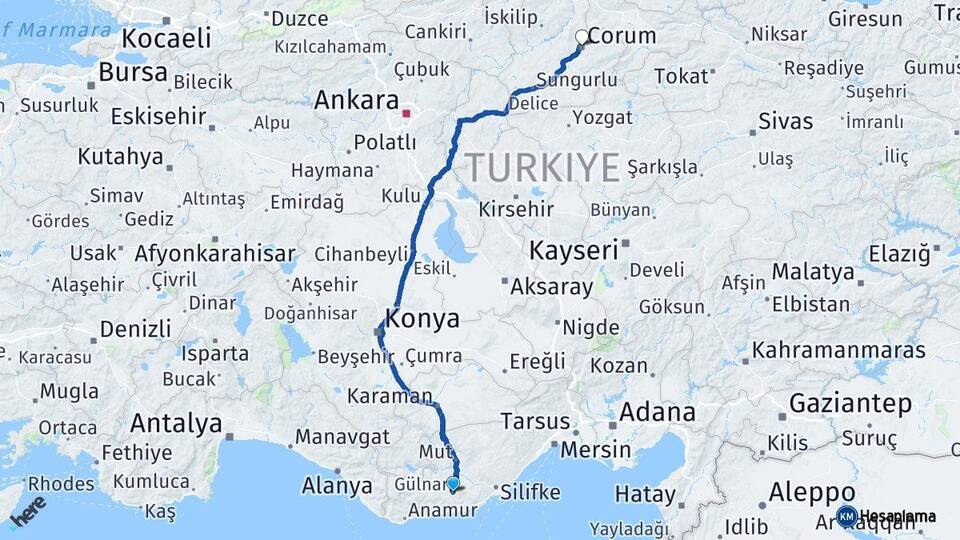 Mersin Gülnar Çorum Arası Kaç Km - Yol Haritası
