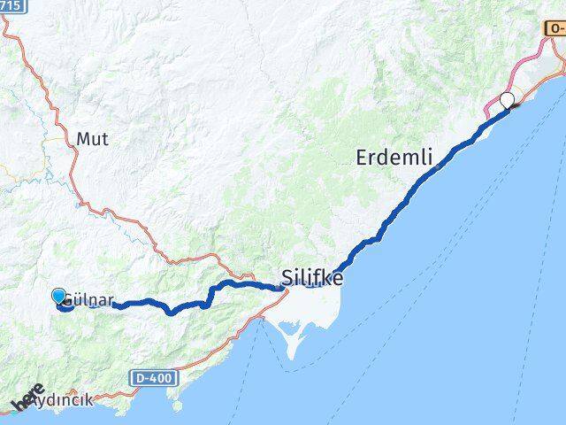 Mersin Gülnar Davultepe Mezitli Arası Kaç Km - Yol Haritası