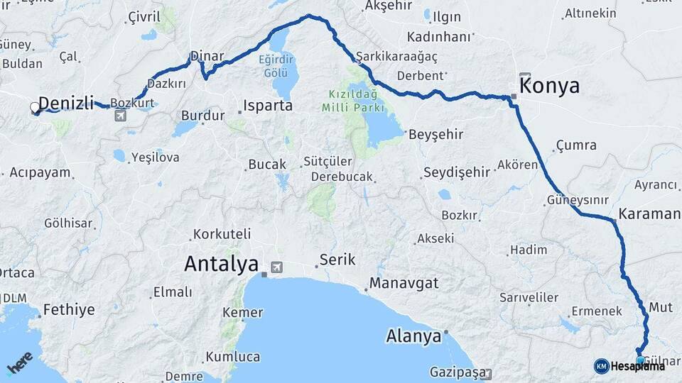 Mersin Gülnar Denizli Arası Kaç Km - Yol Haritası