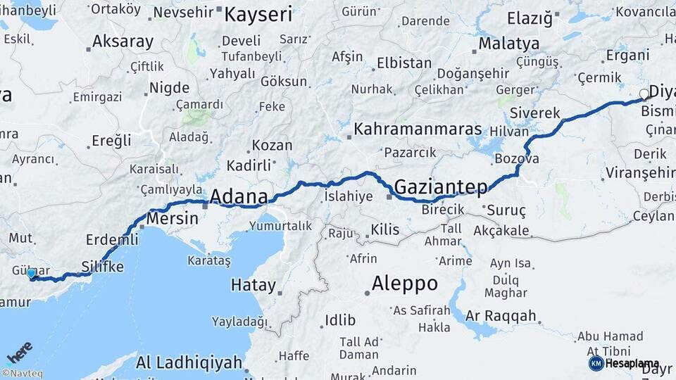 Mersin Gülnar Diyarbakır Arası Kaç Km - Yol Haritası
