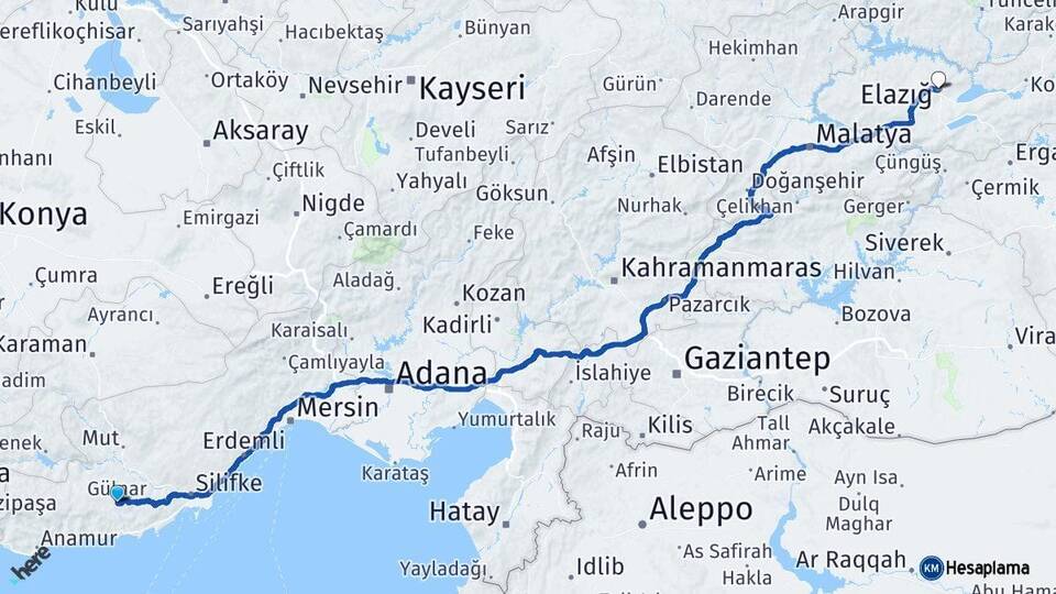 Mersin Gülnar Elazığ Arası Kaç Km - Yol Haritası