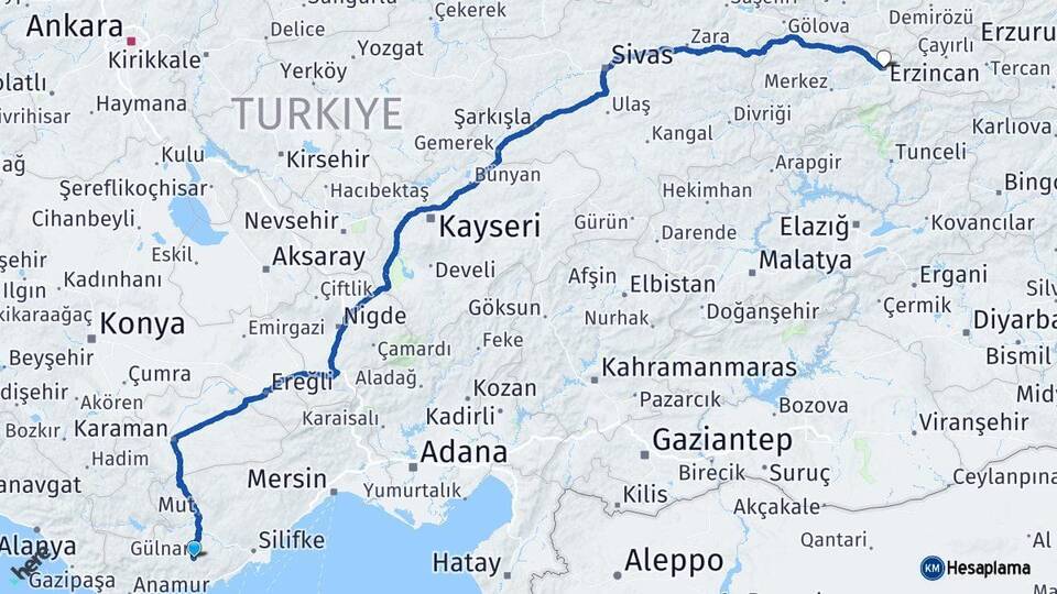 Mersin Gülnar Erzincan Arası Kaç Km - Yol Haritası