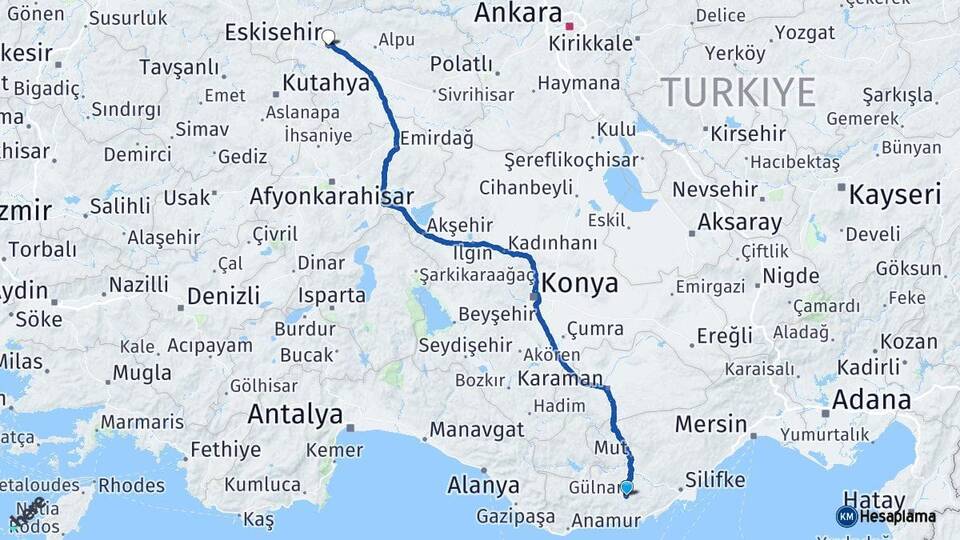 Mersin Gülnar Eskişehir Arası Kaç Km - Yol Haritası
