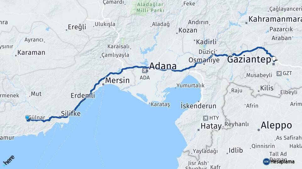 Mersin Gülnar Gaziantep Arası Kaç Km - Yol Haritası