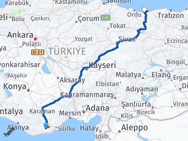 Mersin Gülnar Giresun Arası Kaç Km - Yol Haritası