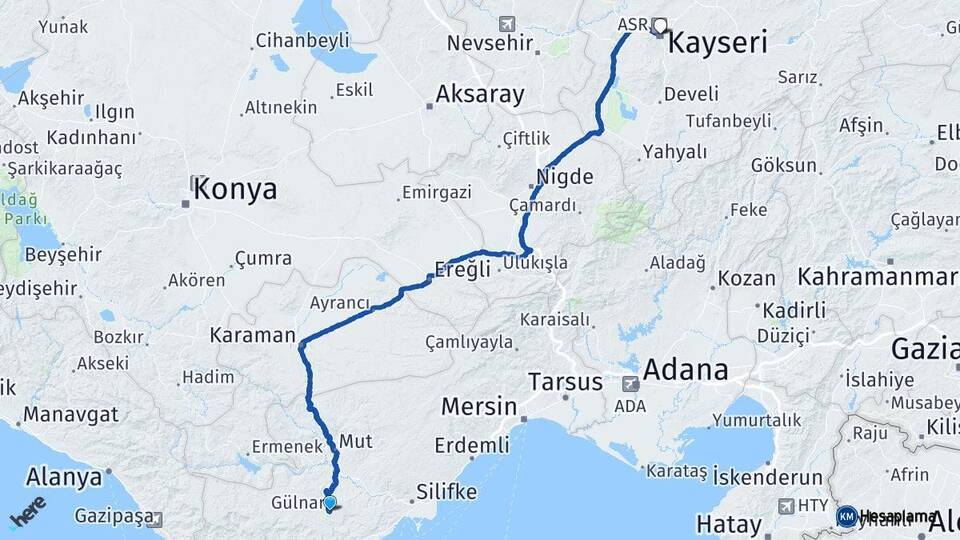Mersin Gülnar Kayseri Arası Kaç Km - Yol Haritası