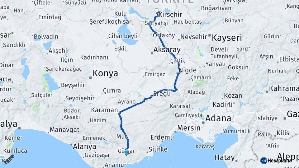 Mersin Gülnar Kırşehir Arası Kaç Km - Yol Haritası