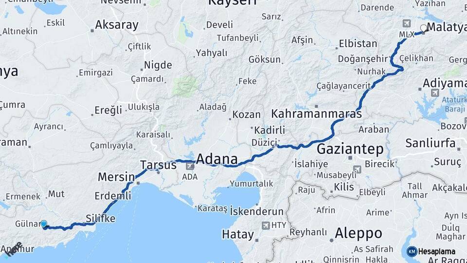 Mersin Gülnar Malatya Arası Kaç Km - Yol Haritası