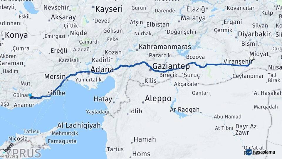 Mersin Gülnar Mardin Arası Kaç Km - Yol Haritası